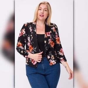 A038 • Black Floral 3/4 Sleeve Open Front Blazer